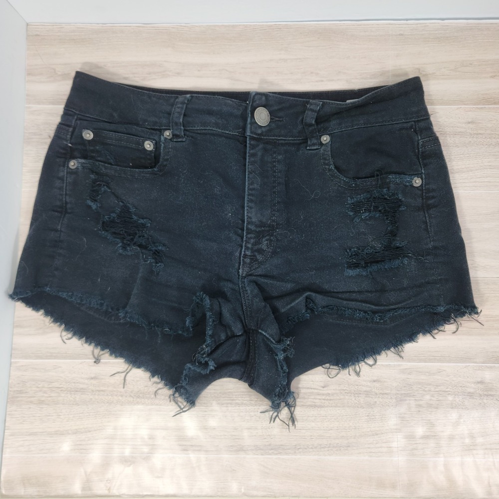 American Eagle Hi Rise Festival Shorts Womens Size 2 Distressed Raw Hem Black